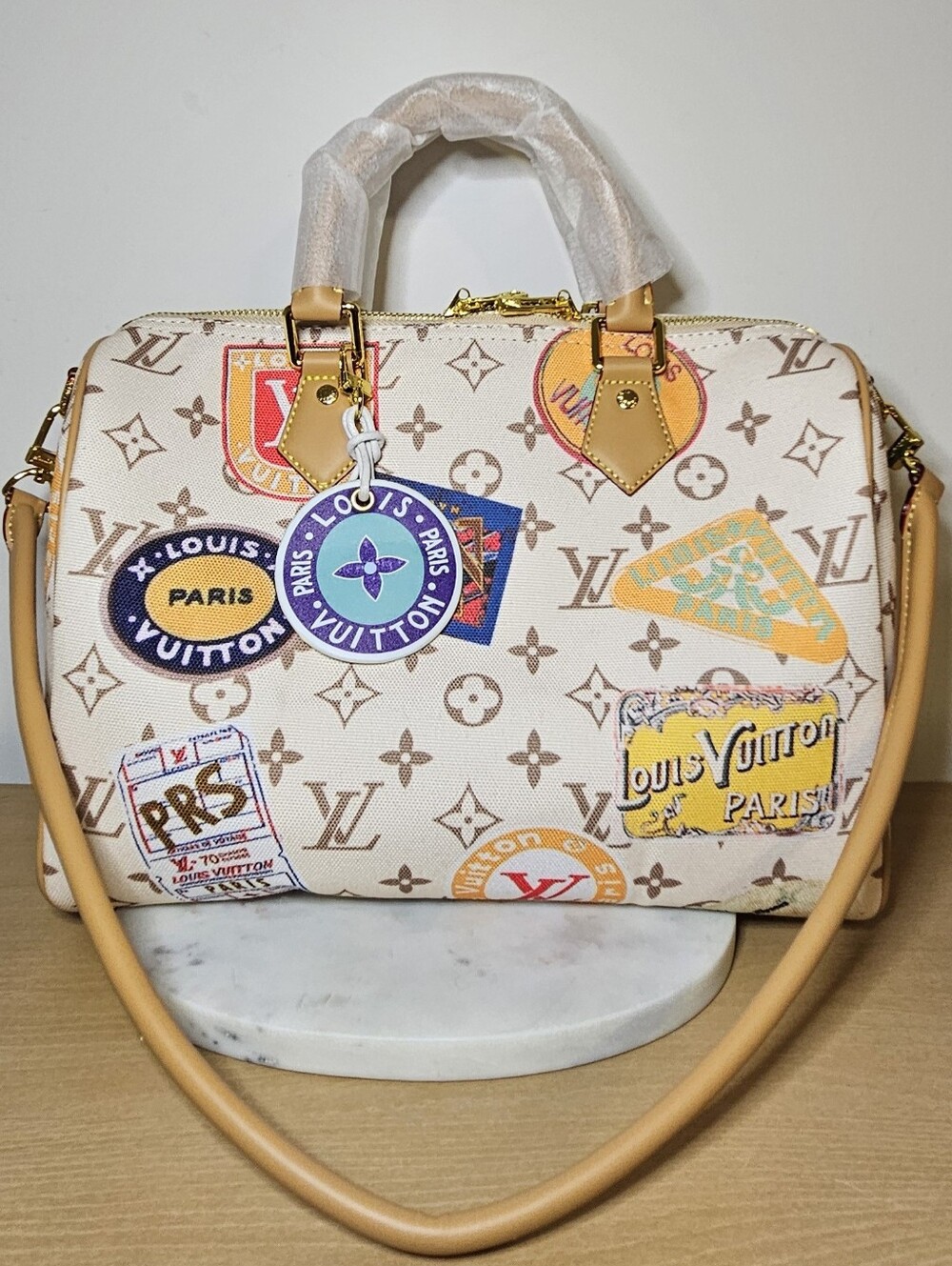 World Tour Inspired Monogram Patch Satchel with Colorful Travel Patches